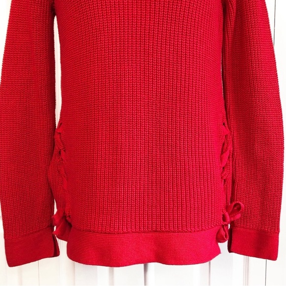 LOFT Red Cable Knit Boatneck Long Sleeve Lace Up Sweater Small - Picture 4 of 5